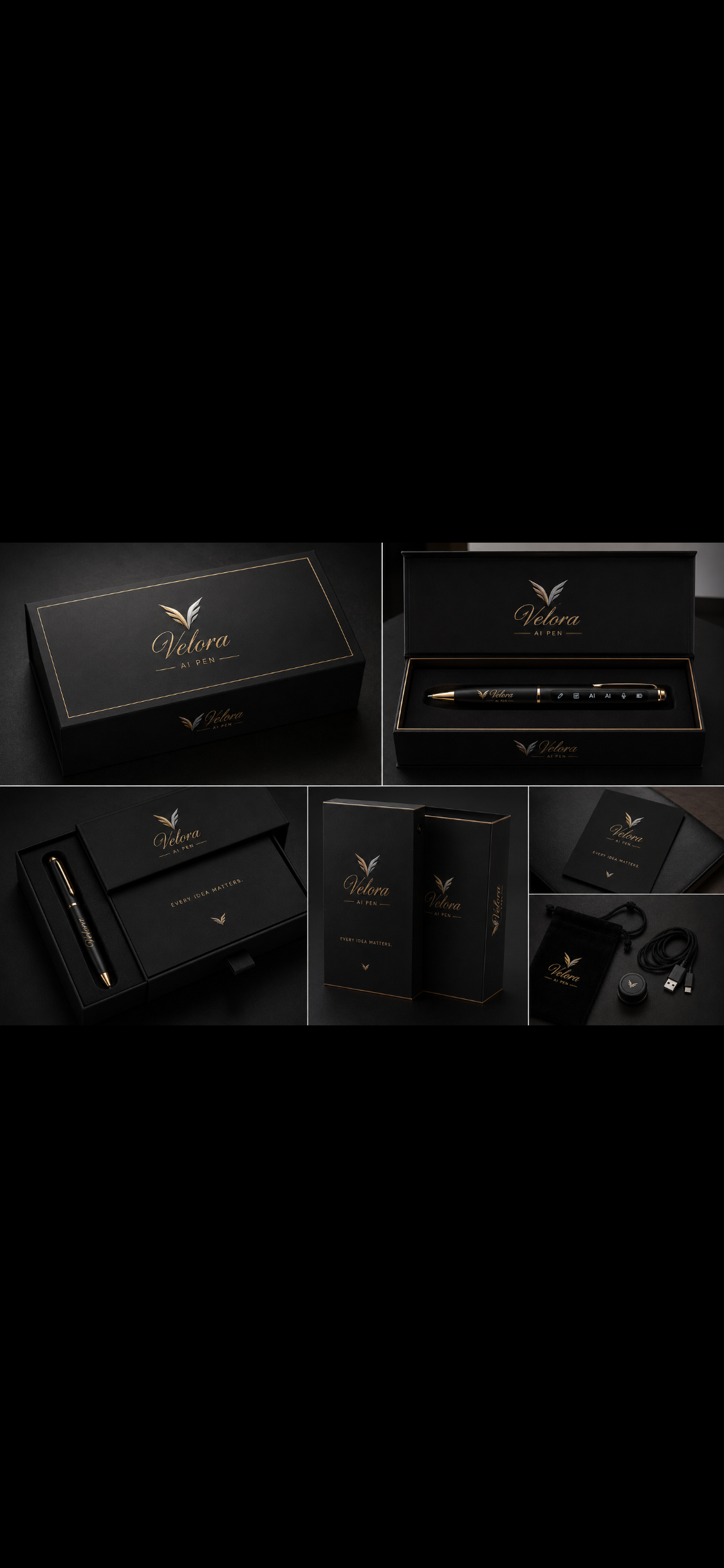 Velora Nova luxury packaging: black magnetic gift boxes with gold feather branding, the pen nested inside, plus velvet pouch, charging puck and USB cable