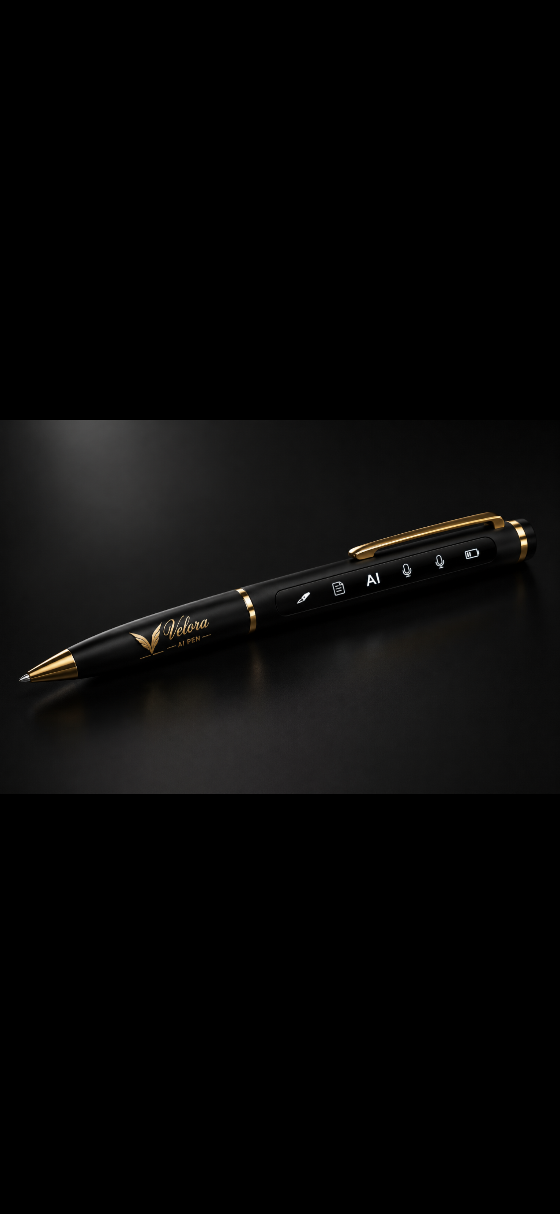 Velora Nova AI pen in matte black with warm gold accents and AI function icons illuminated on its built-in display