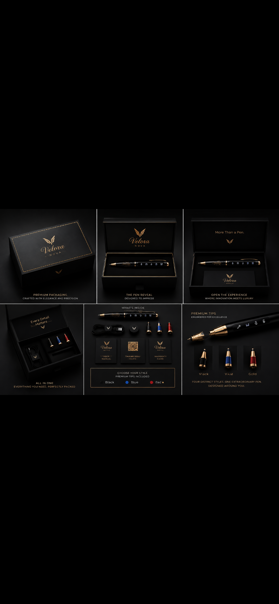 Velora Nova premium unboxing collage: the gold-foiled presentation box, the pen reveal, the open experience, the full set of accessories including cable, colored tips, user manual, thank-you and warranty cards, plus a close-up of the black, blue and gold premium tips